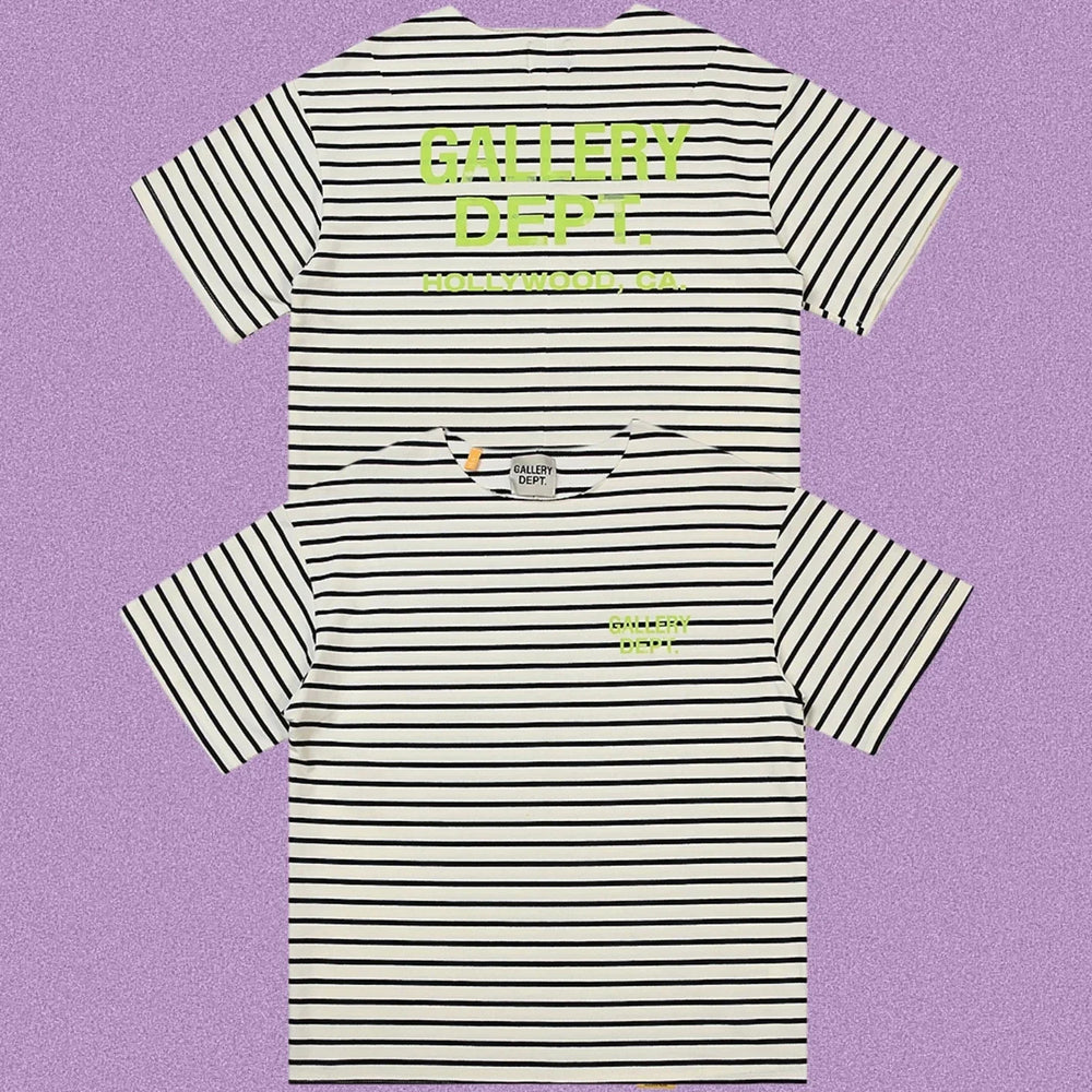 Gallery Dept. Striped Hollywood Logo Short Sleeve T-Shirt - Grey/White