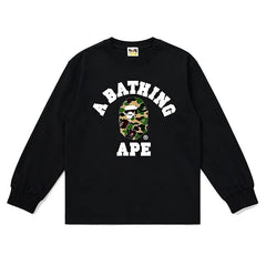 BAPE Style Collegiate Arc Logo & Camo Ape Head Long-Sleeve Tee - Black/Green