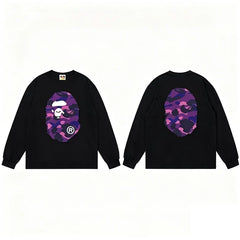 BAPE Style Big Camo Ape Head Long-Sleeve Tee - Black/Purple
