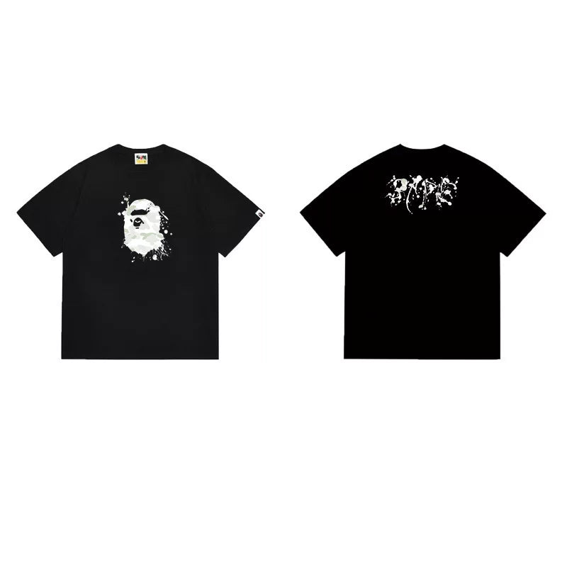 BAPE Style Paint Splatter Ape Head Short-Sleeve Tee - Black