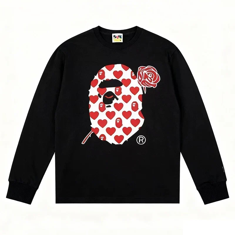 BAPE Style Heart & Rose Ape Head Long-Sleeve Tee - Black/Red-White