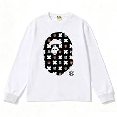 BAPE Style All-Over Cartoon Print Ape Head Long-Sleeve Tee - White