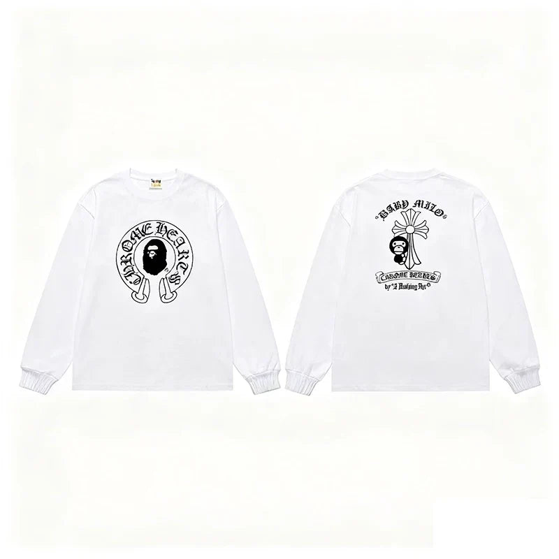 BAPE x Chrome Hearts Style Horseshoe & Cross Long-Sleeve Tee - White