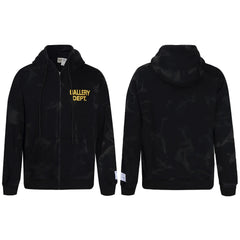 Gallery Dept Black Marble Tie‑Dye Yellow Logo Full Zip Up Hoodie