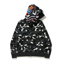 BAPE Style Camo Shark Full-Zip Hoodie - Black/Grey