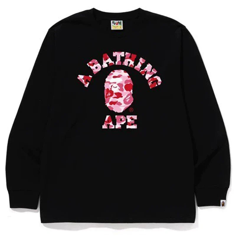 BAPE Style Arch Logo Camo Ape Head Long-Sleeve Tee - Black/Pink