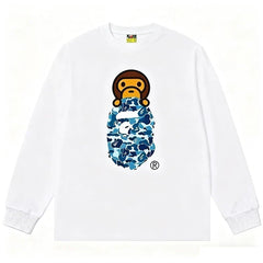 BAPE Style Baby Milo Peeking on Camo Ape Head Long-Sleeve Tee - White/Blue