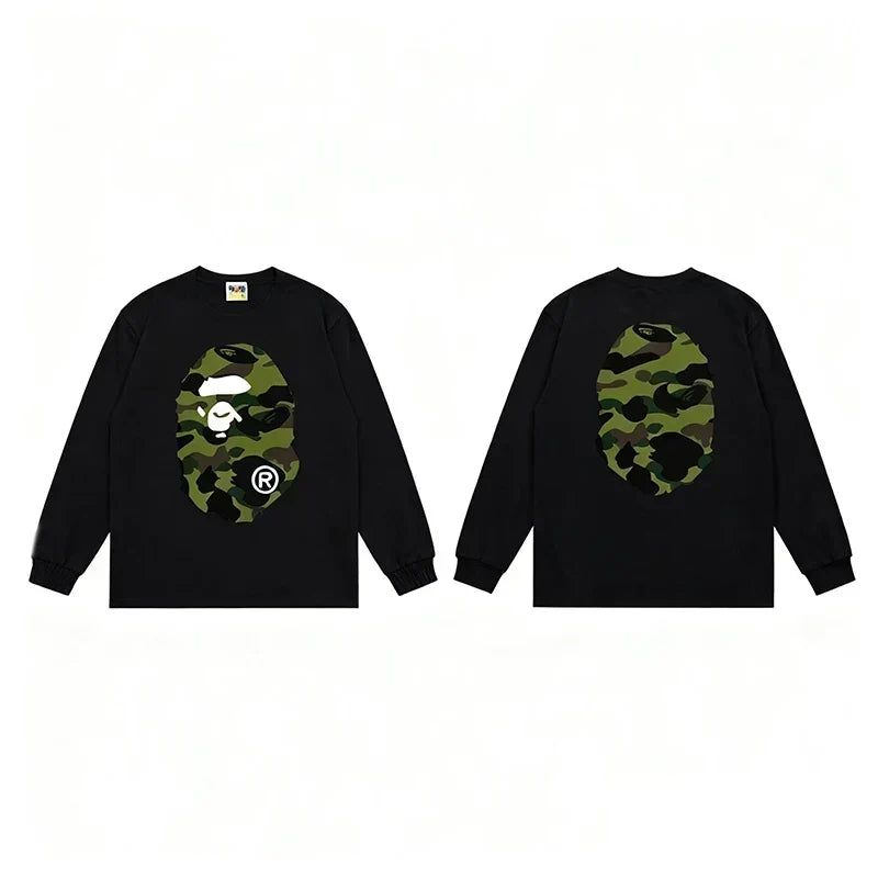 BAPE Style Big Camo Ape Head Long-Sleeve Tee - Black/Green