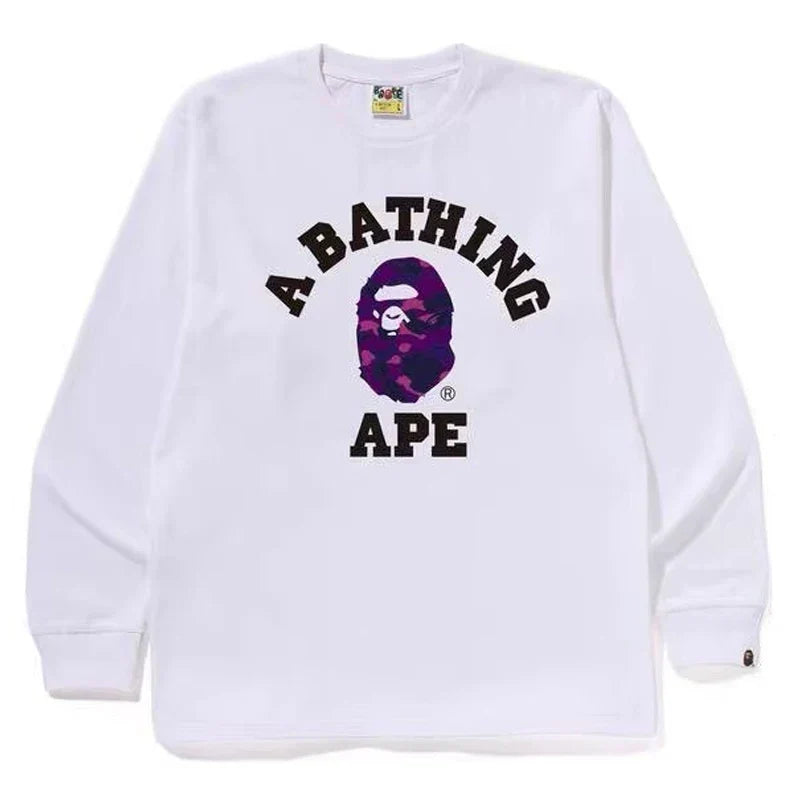 BAPE Style Collegiate Arc Logo & Camo Ape Head Long-Sleeve Tee - White/Purple