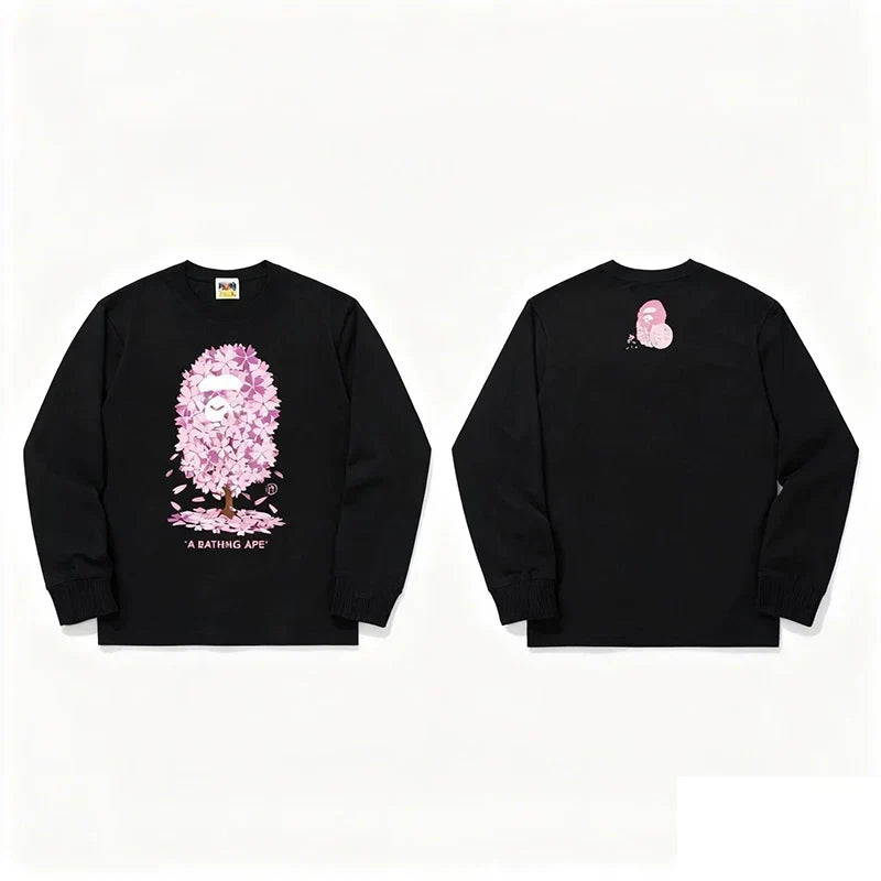 BAPE Style Collegiate Arc Logo & Camo Ape Head Long-Sleeve Tee - White/Purple