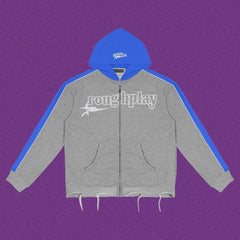 Roughplay Straight Logo Track Zip-Up Hoodie - Light Grey/Royal Blue