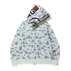 BAPE Style Camo Shark Full-Zip Hoodie - Light Grey/Ice Blue