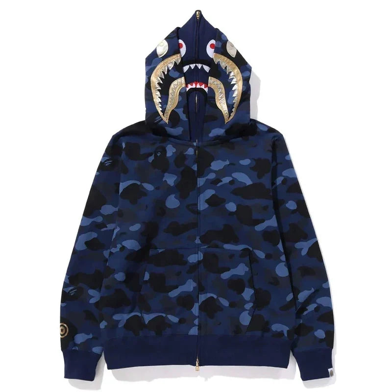 BAPE Style Camo Gold Shark Teeth Full-Zip Hoodie - Blue